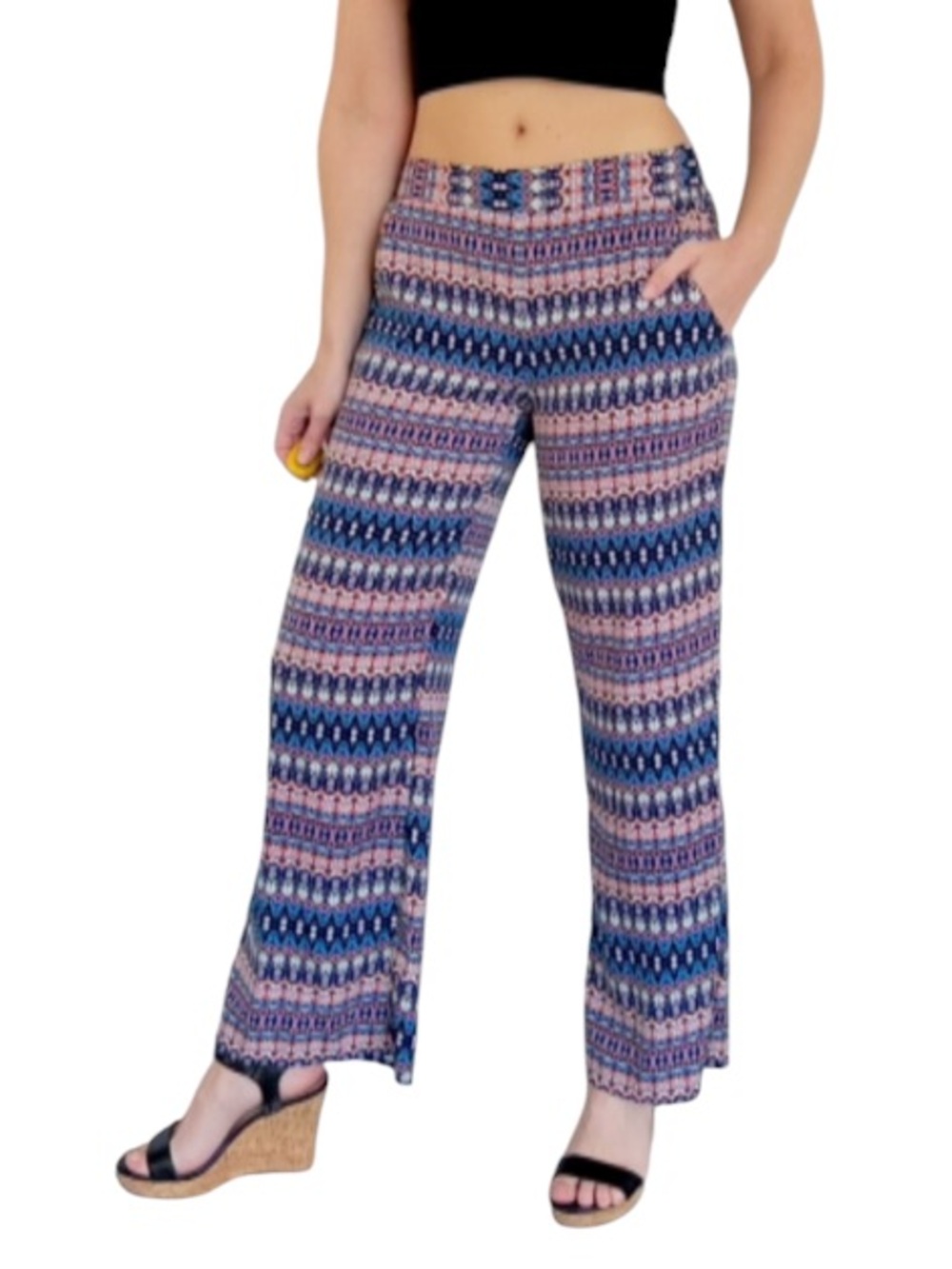 A. Byer blue orange multi tribal print lightweight wide leg pants size medium
